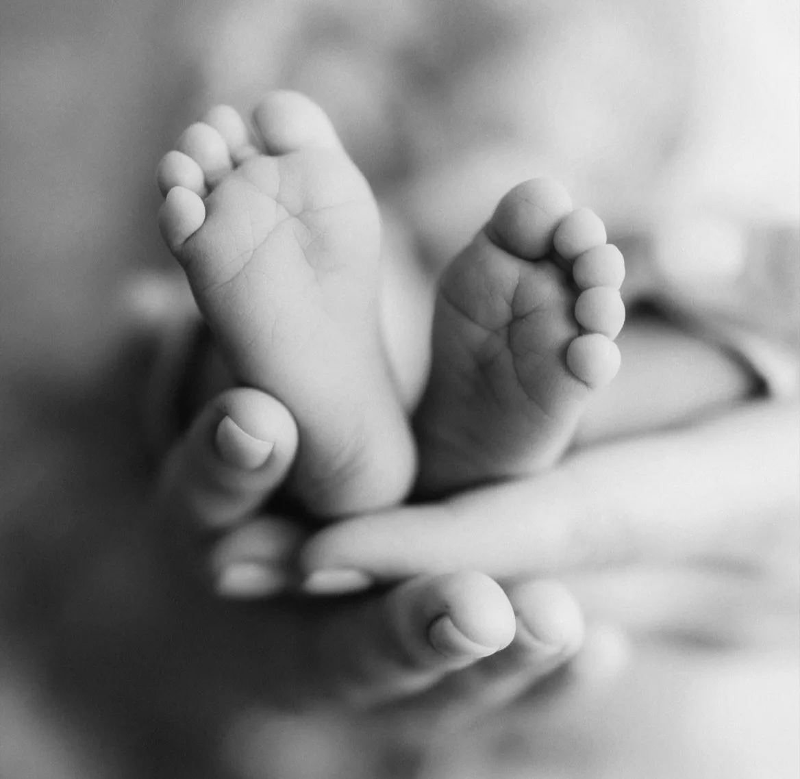 Black-and-white photograph of a baby's feet held gently in a parent's hand